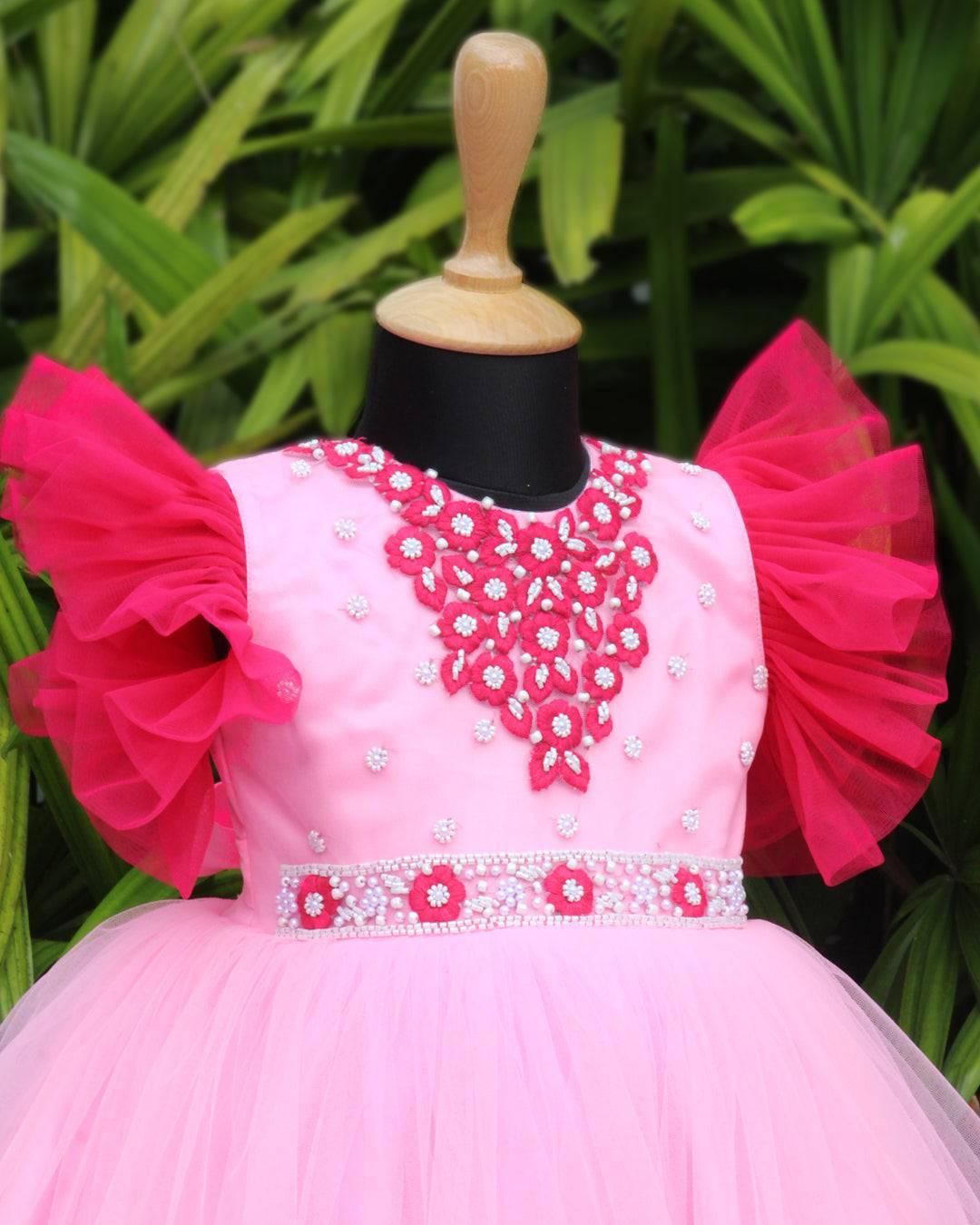 Baby Pink Heavy Hand Embroidery Frock
Material: Baby pink and rani pink combination heavy hand embroidery border Frock. Baby pink satin material is used for the main portion of the frock and Rani shade 
