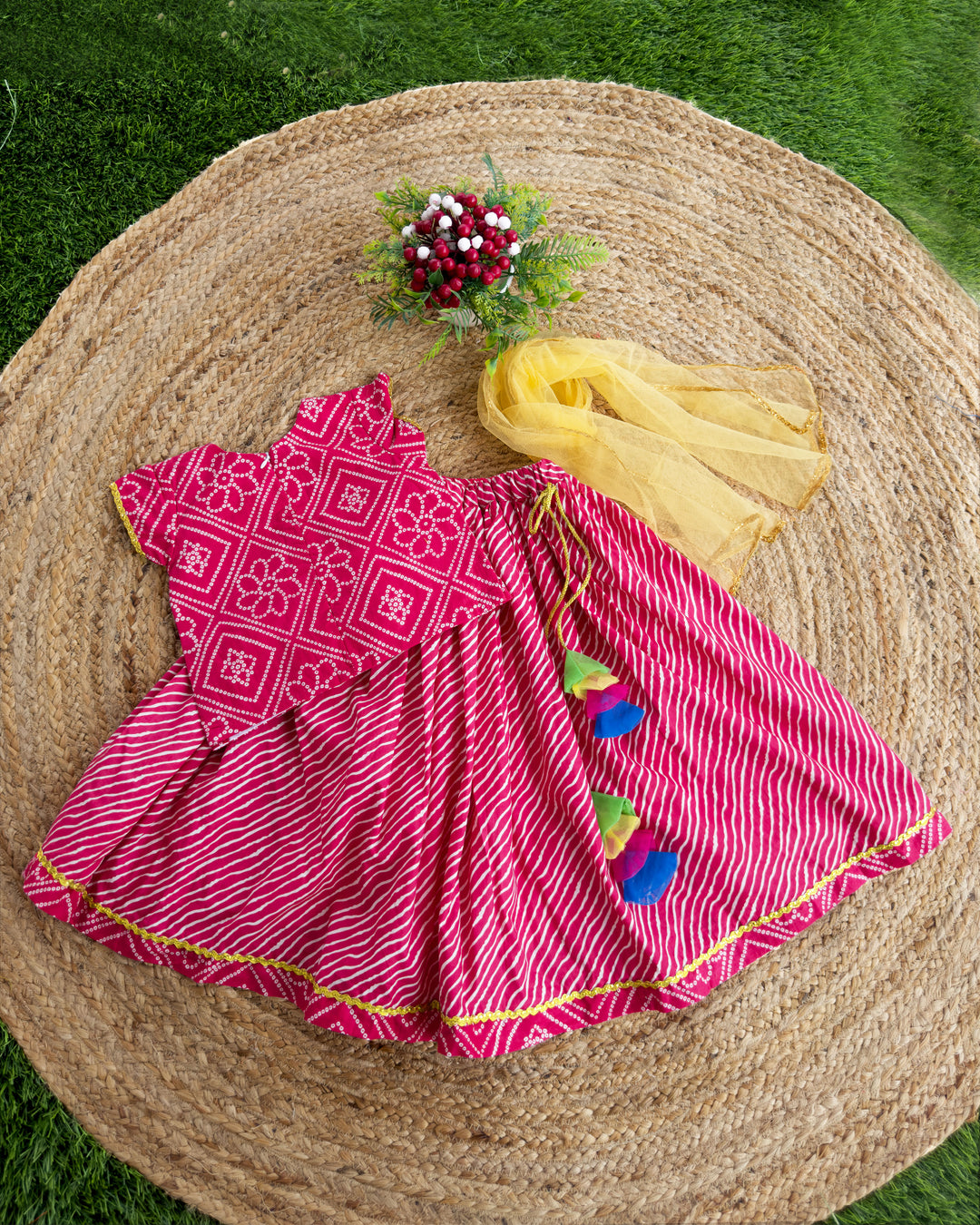 pink cotton lehenga choli for kids, stanwells kids dresses, printed bandhej 2 pc sets