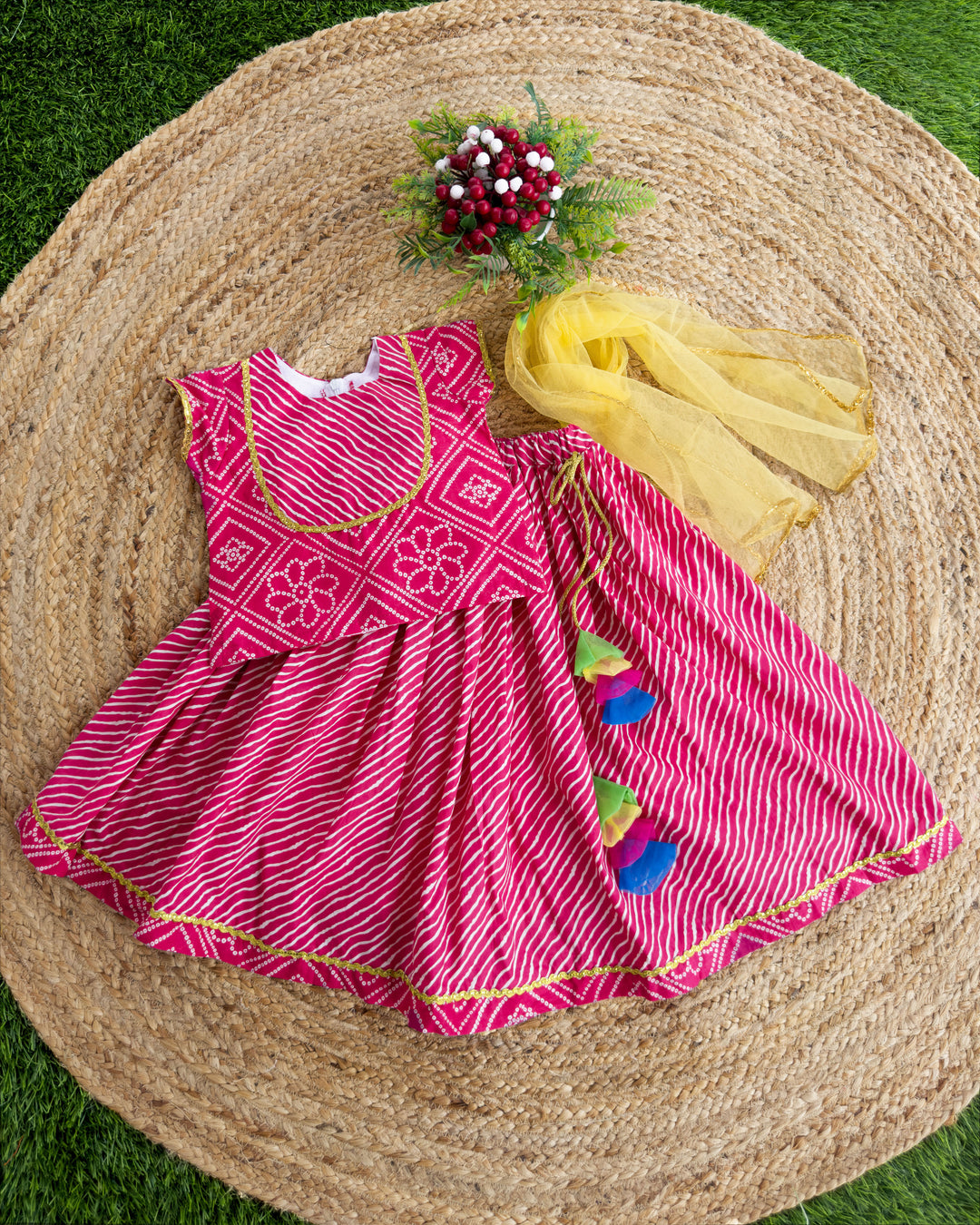 Bandhej Printed Ethnic Cotton Lehenga Choli Set for Baby-Girls in Pink Shade