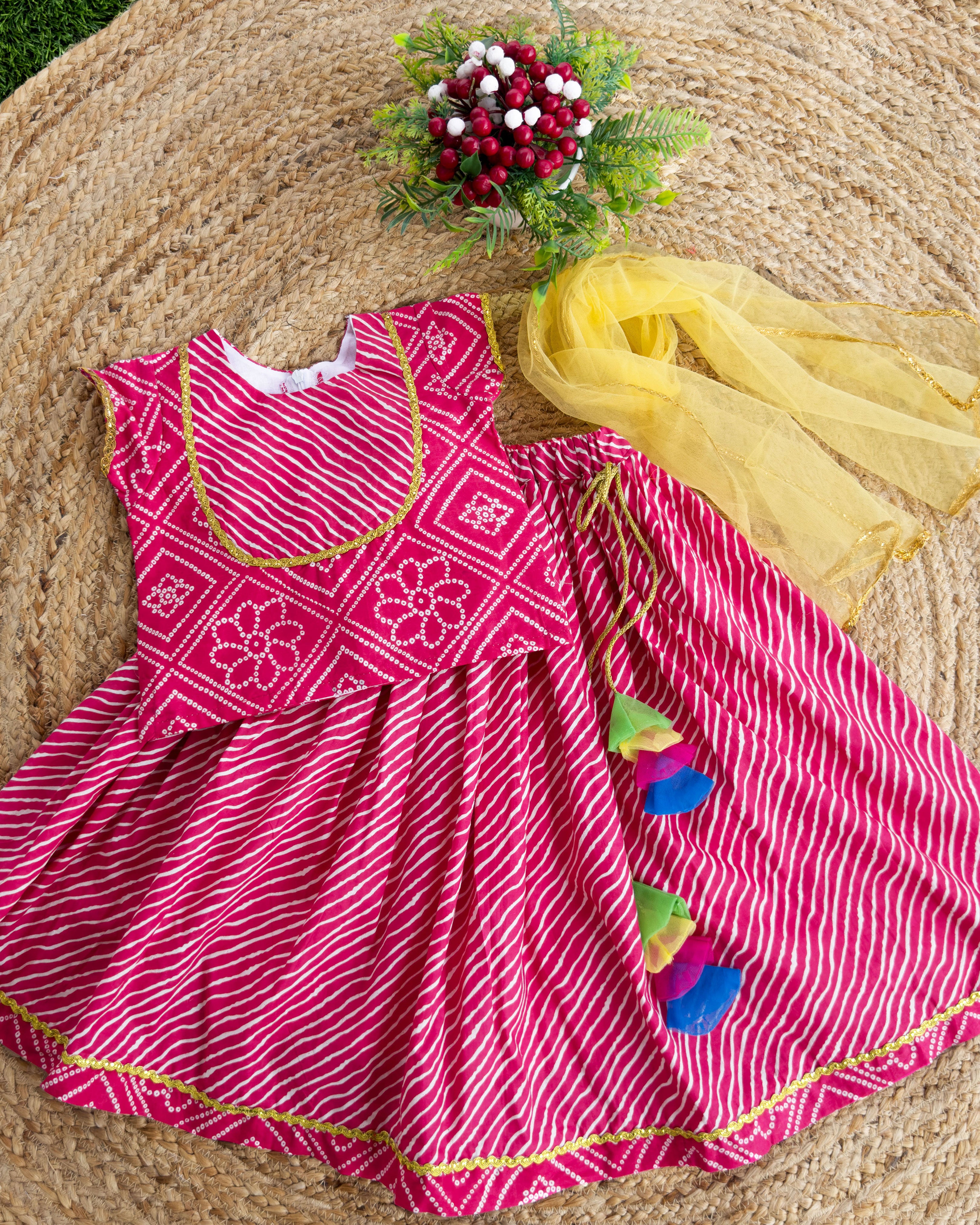 Bandhej Printed Ethnic Cotton Lehenga Choli Set for Baby Girls in Pink Stanwells Kids