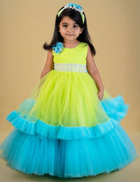Lime Green & Sky Blue Combo Pleated Ruffles Gown