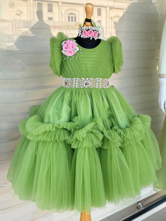 Pista green pleated ruffles heavy frock for baby girl – Stanwells Kids