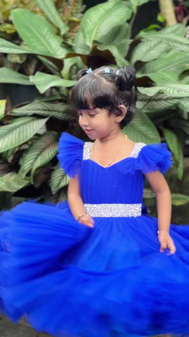 royal blue birthday dress for baby girls, handwork party wear frock, premium kids birthday outfit, baby girls royal blue frock 1st birthday, stanwells kids dress, comfortable soft lining