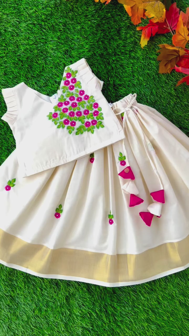 Cream & Golden Shade Onam Special Kerala Kasavu Floral Embroidery Lehenga Choli