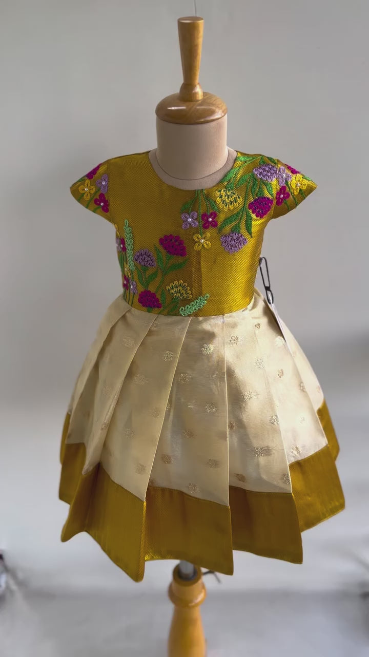 Golden Shade Heavy Floral Embroidery Onam Special Designer Silk Frock