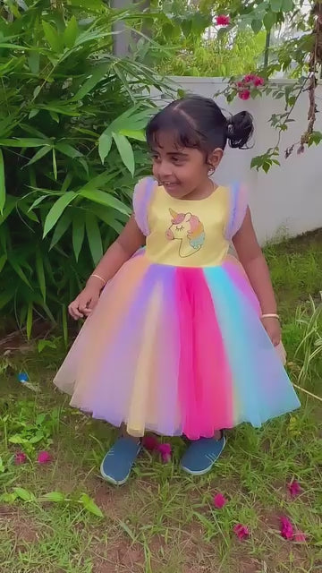 Multi Shade Rainbow Colour Unicorn Theme Party wear Frock