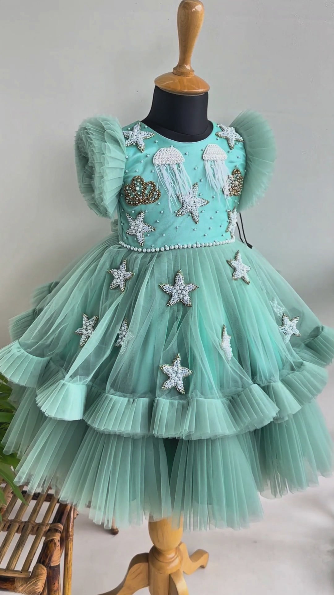 Mermaid theme baby girls birthday dress, pastel green sea life embroidered frock, heavy partywear birthday outfit