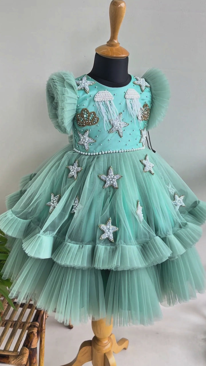 Mermaid theme baby girls birthday dress, pastel green sea life embroidered frock, heavy partywear birthday outfit