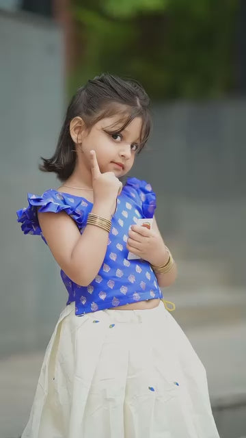 Cream & Blue Embroidery Cotton Lehenga