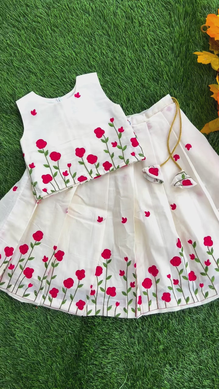 Cream & Pink Combo Floral Embroidery Onam Special Cotton Lehenga Choli