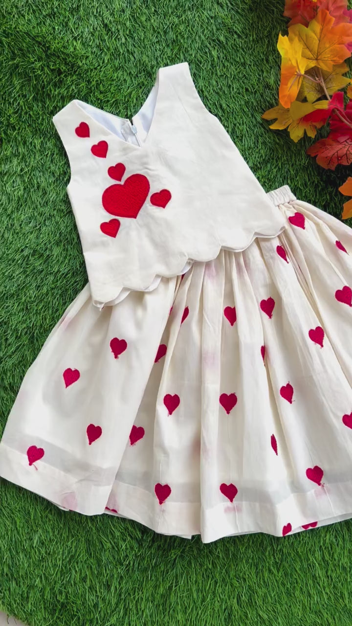 Cream & Red Heart Embroidery Pure Cotton Lehenga Choli