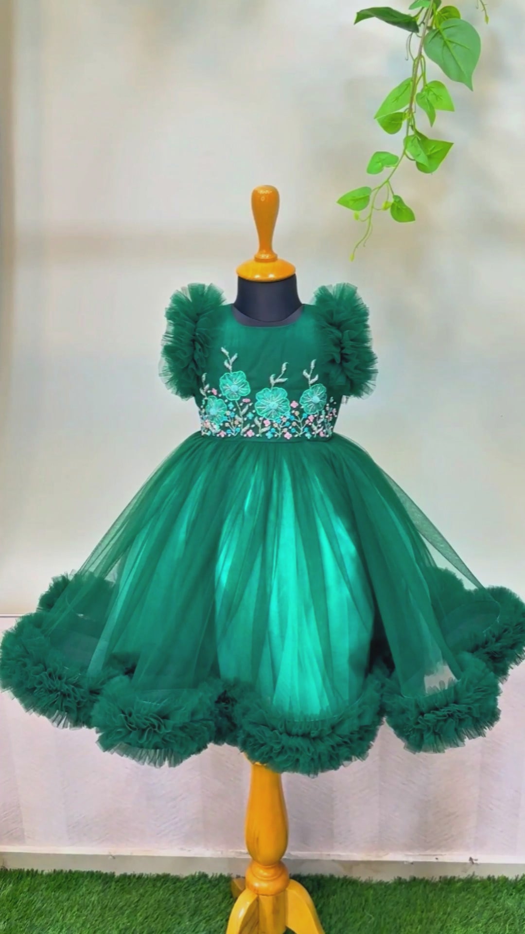Bottle Green Handcrafted Gown – Heavy Work Partywear Birthday Dress for Baby Girls by Stanwells Kids