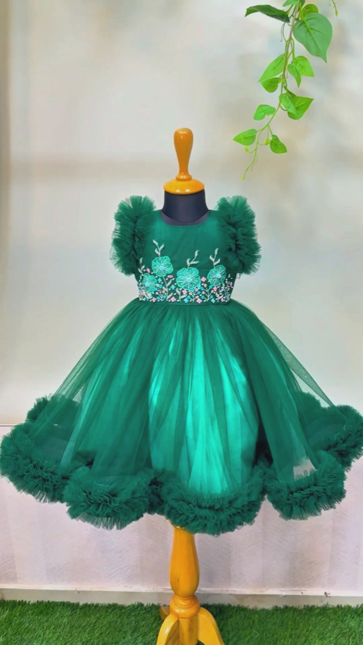 Bottle Green Handcrafted Gown – Heavy Work Partywear Birthday Dress for Baby Girls by Stanwells Kids