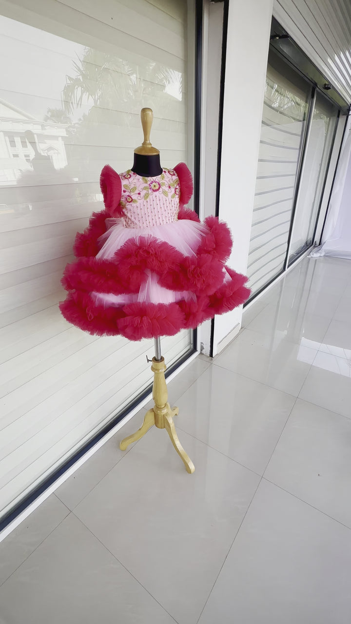 Baby Pink & Rany Pink Combo Heavy Handwork Baby-Girls Partywear Birthday Frock