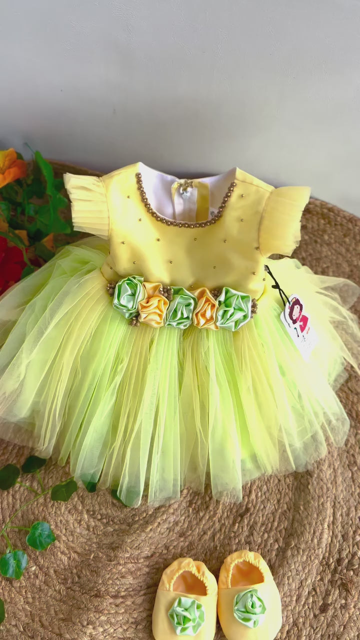 Baby Yellow & Light Green Infant Partywear Flower Frock for Girls