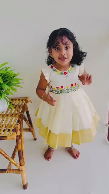 Cream & Golden Shade Onam Special Kerala Kasavu Hand Embroidery Frock