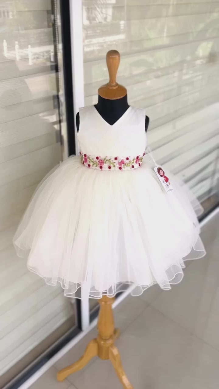 Off-white Shade Pleated Handwork Baby-Girls Sleeveless Frock