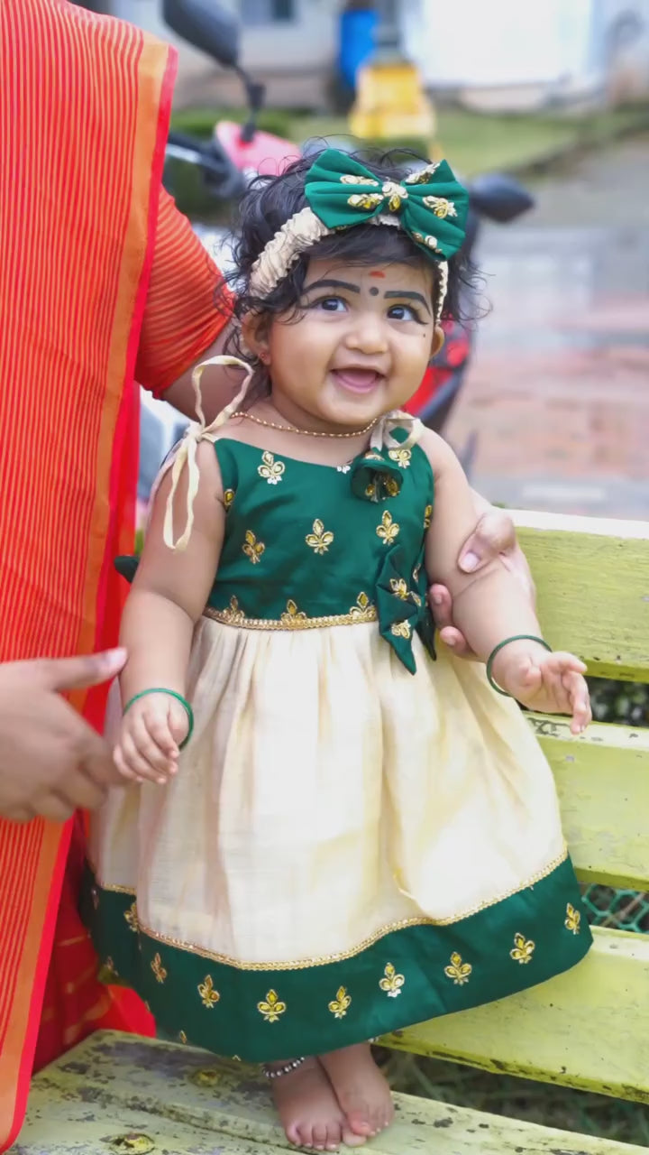 Bottle Green & Copper Gold Onam Special Cotton Kettuduppu Frock