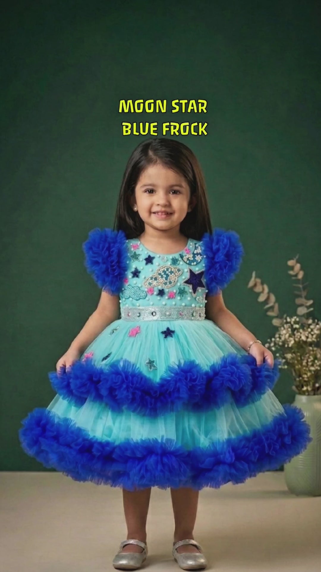 moon and star theme frock for baby girls stanwells kids birthday partywear frock blue shade light and dark shade frocks