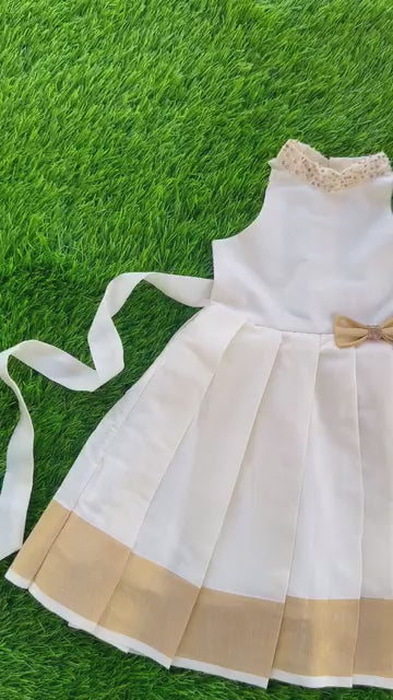 Cream & Golden  Shade Onam Special Kerala Kasavu Halter Neck Frock