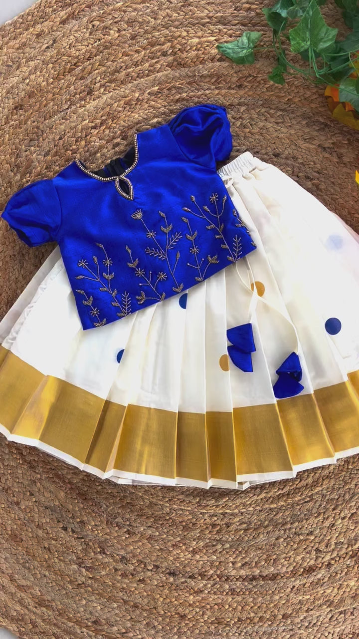 Cream & Royal Blue Combo Onam Special Kerala Kasavu Handwork Lehenga Choli