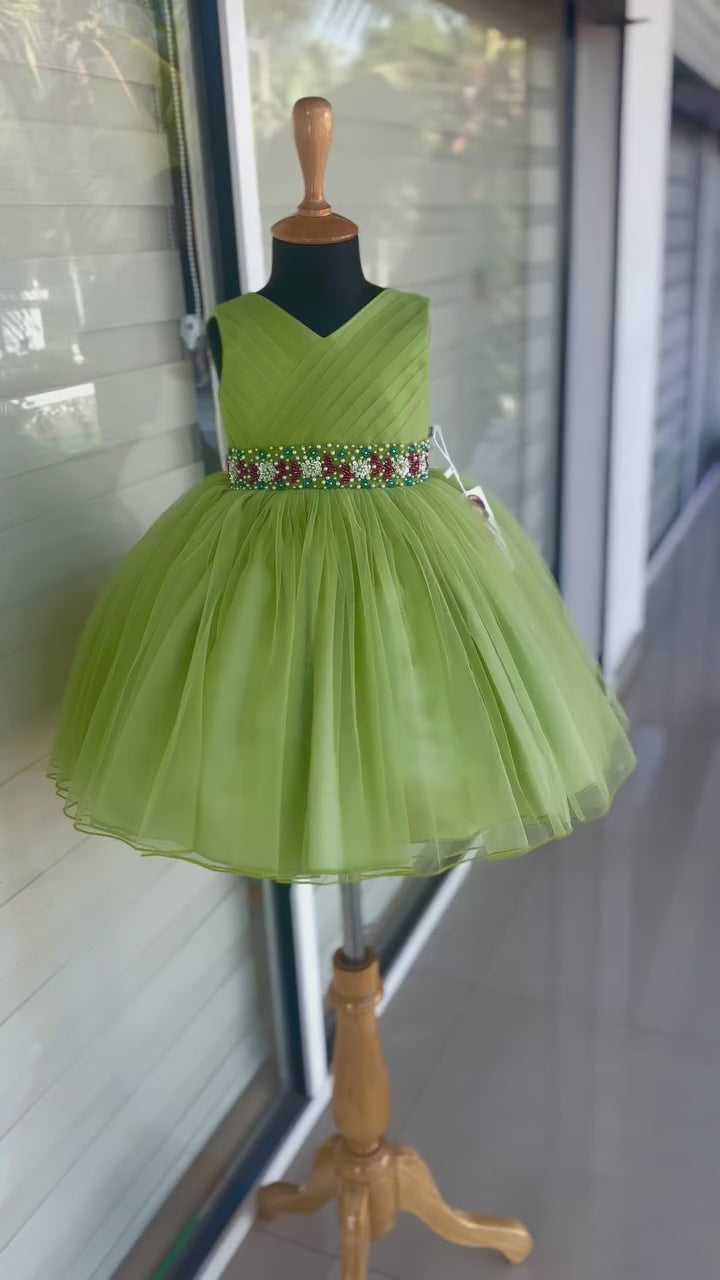 Light Pea Green Shade Pleated Handwork Baby-Girls Sleeveless Frock
