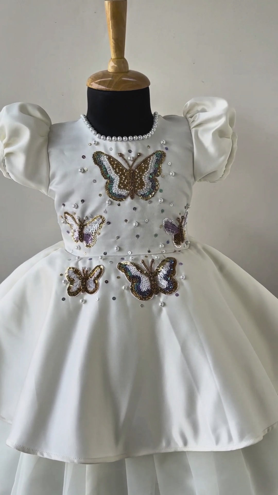 off white silky satin butterfly applique frock for baby girls, birthday dress, party wear frock, elegant kids wear