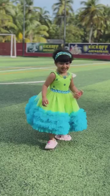 Lime Green & Sky Blue Combo Handwork Party Perfect Ruffles Birthday Frock