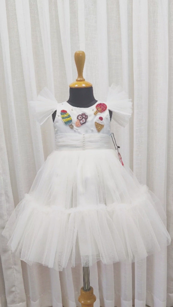 Off white candy theme frock for baby girls, premium birthday dress, partywear dress, Stanwells Kids