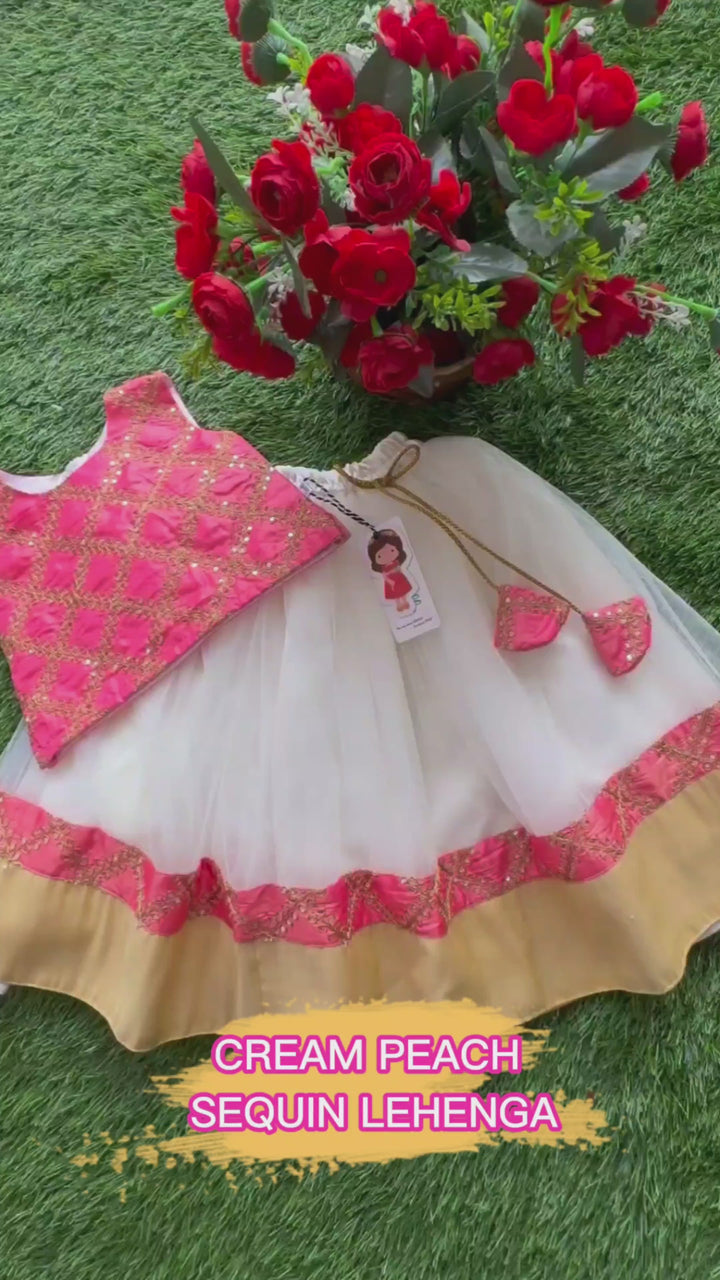 Cream peach lehenga choli for baby girls, sequin embroidered ethnic birthday dress, baby girls festive lehenga choli, kids traditional partywear dress