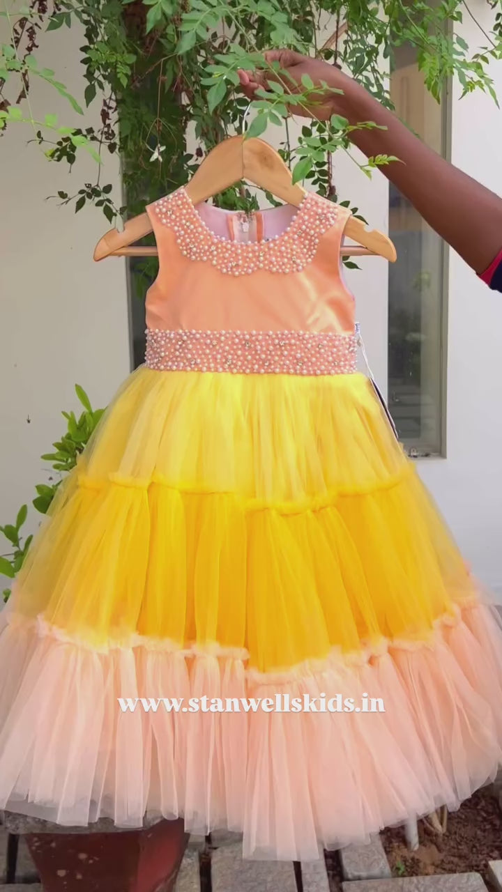 Peachy Pumpkin & Baby Yellow combo Handwork Fully Flared Party wear Long Gown-Sample