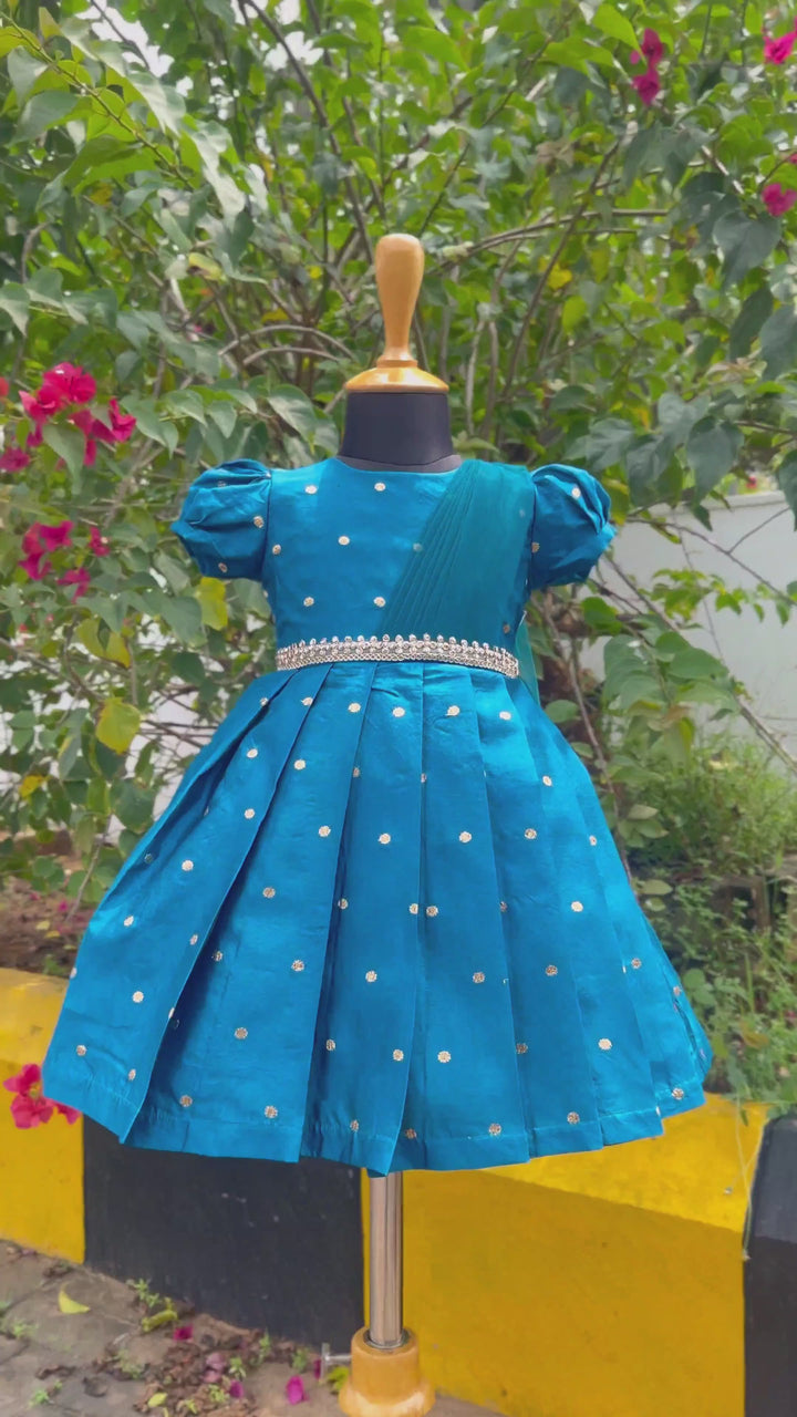 Teal blue silk frock, baby girls birthday dress, ethnic party wear, festive frock, butti design frock