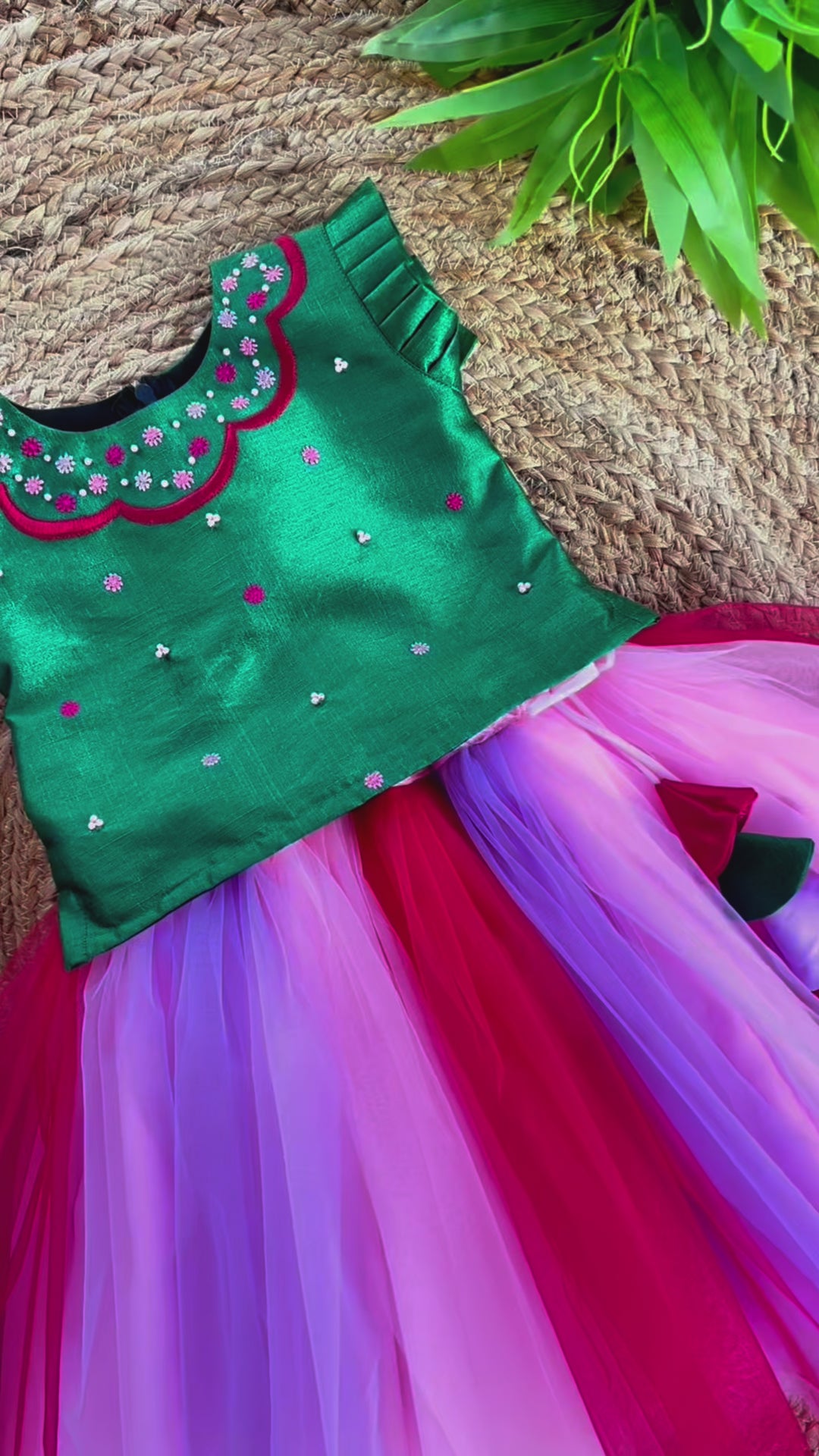 Pink & Bottle Green Multi Shades Layered Partywear Skirt & Top