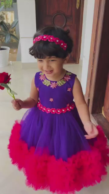 Violet And Rany Pink Combo Handwork Party Perfect Ruffles Birthday Frock