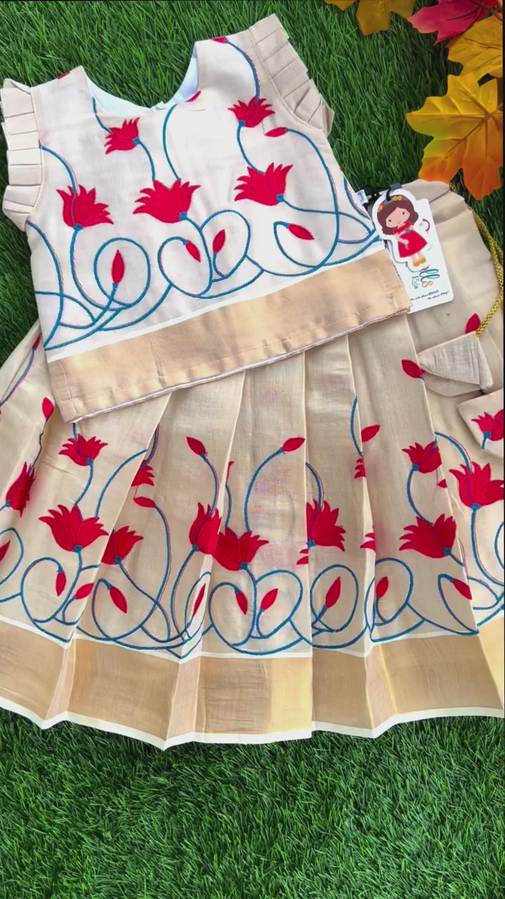 Light Gold Lotus Embroidery Kerala Traditional Tissue Lehenga Choli