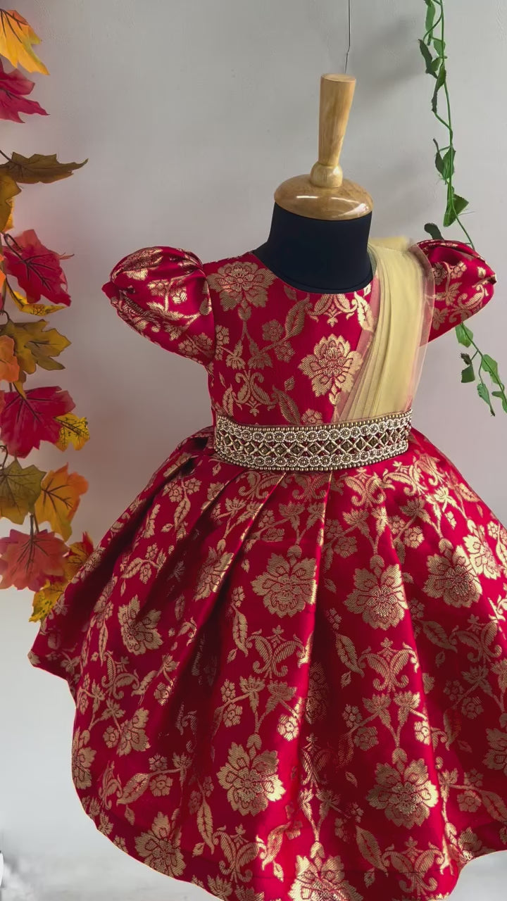 Red Banarasi Jaquard Traditional Handwork Silk Saree Frock