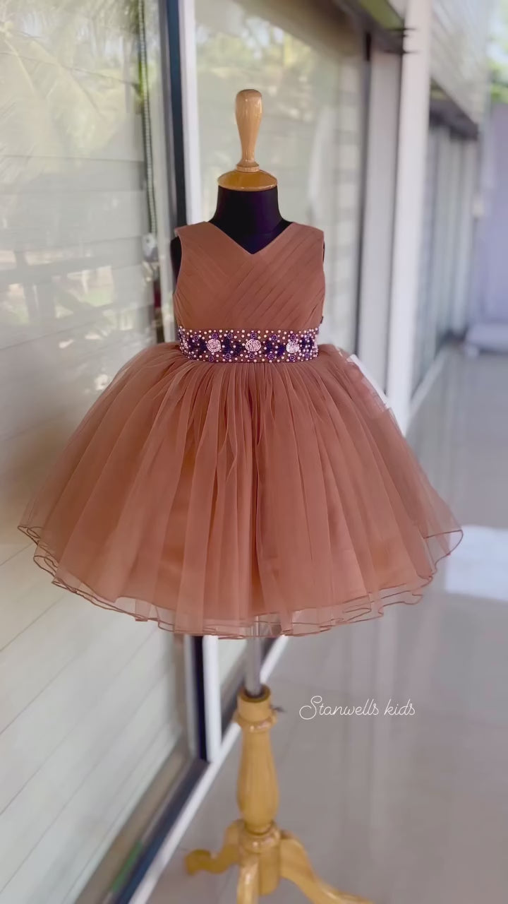 Light Coffee Shade Pleated Handwork Baby-Girls Sleeveless Frock
