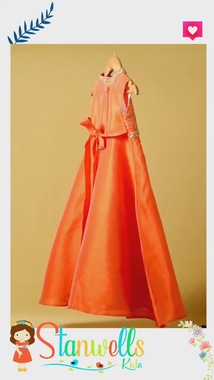 Orange Shade Halter Neck Embroidery Silk Long Gown