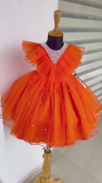 Orange Shade Premium Baby Girls Partywear Pearl Work Birthday Frock