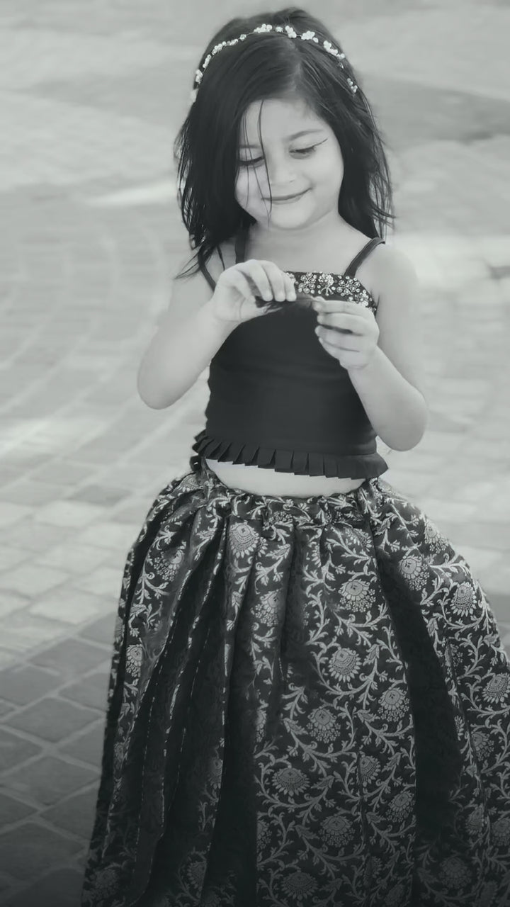 Bottle green lehenga choli for girls, Banarasi silk birthday dress, festive ethnic wear, kids traditional outfit