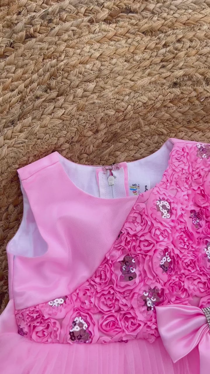 Baby Pink Shade Flower Emboss Ruffles Partywear Bow Frock