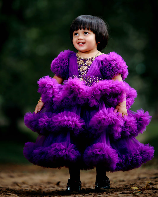 Purple shade Heavy Handwork Partywear 3 step Ruffles Frock