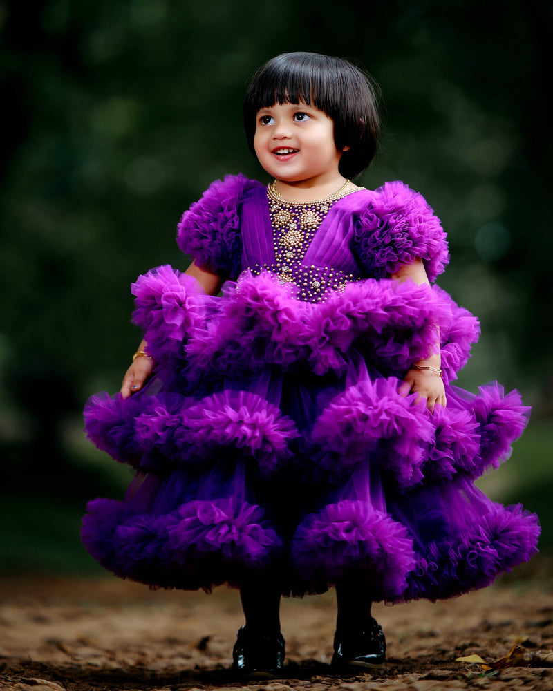 Purple shade Heavy Handwork Partywear 3 step Ruffles Frock