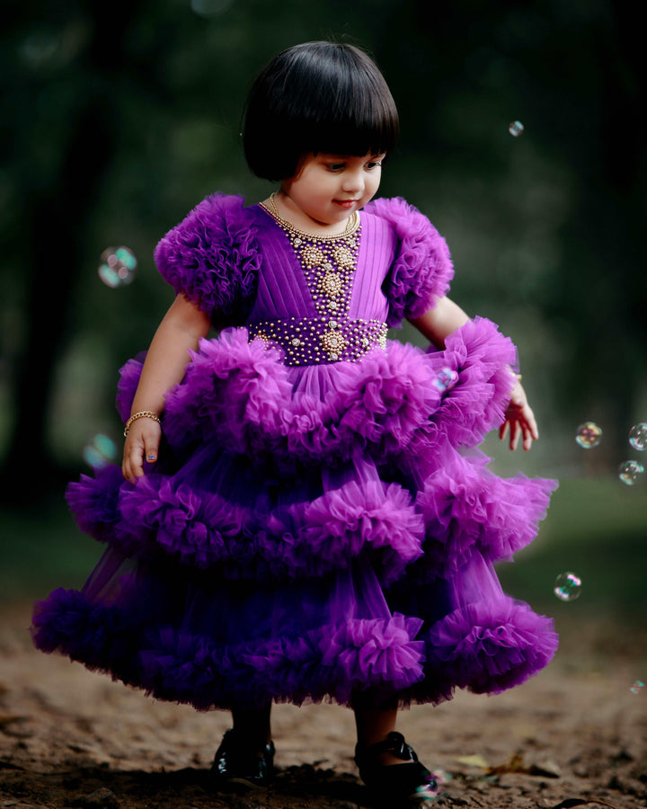 Purple shade Heavy Handwork Partywear 3 step Ruffles Frock