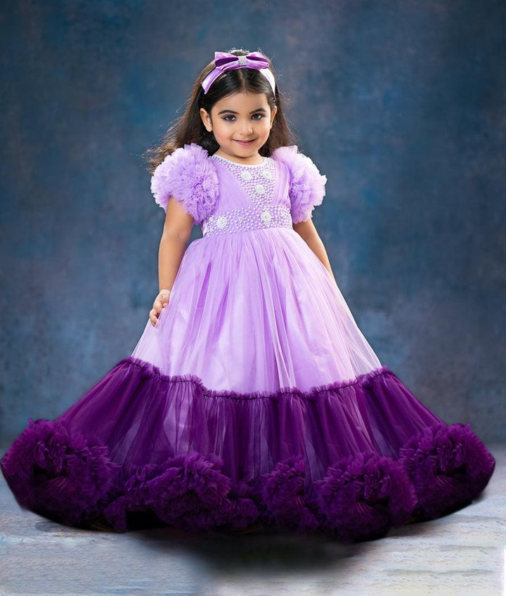 Lilac & Purple Combo Heavy Handwork Partywear Flared Ruffles Full Gown