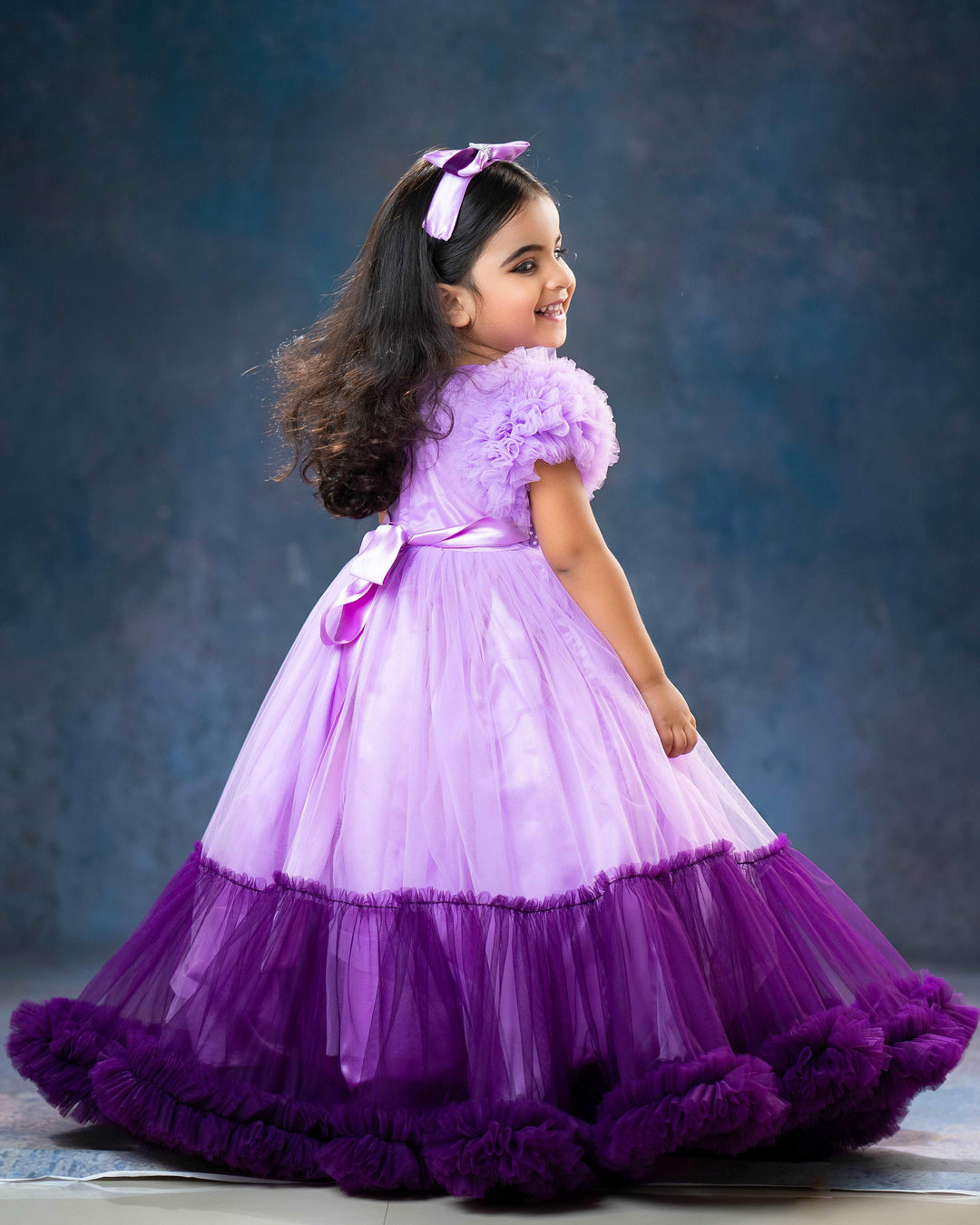 Lilac & Purple Combo Heavy Handwork Partywear Flared Ruffles Full Gown