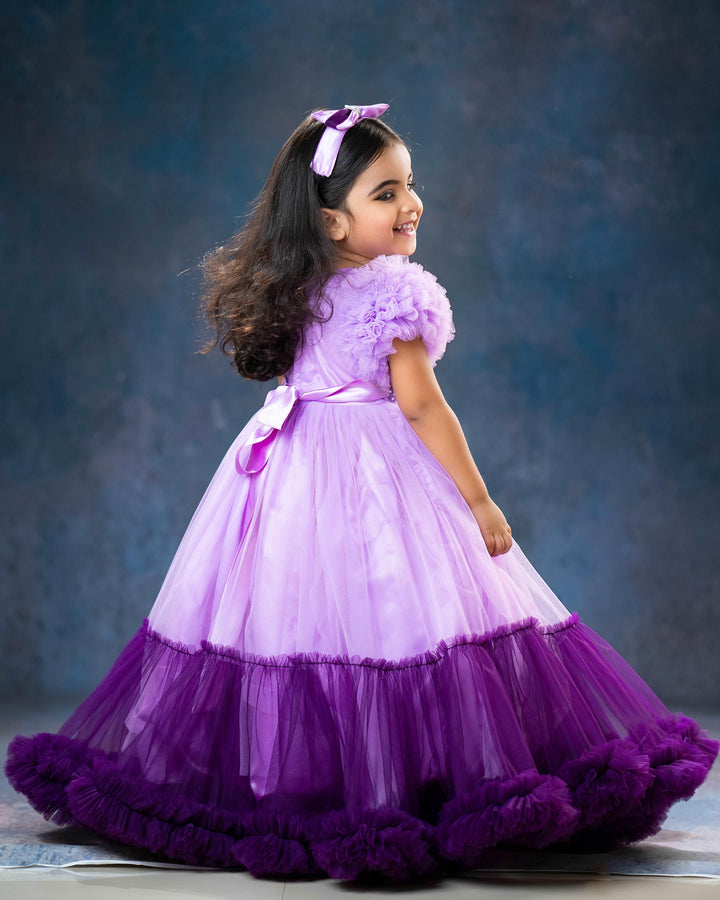 Lilac & Purple Combo Heavy Handwork Partywear Flared Ruffles Full Gown