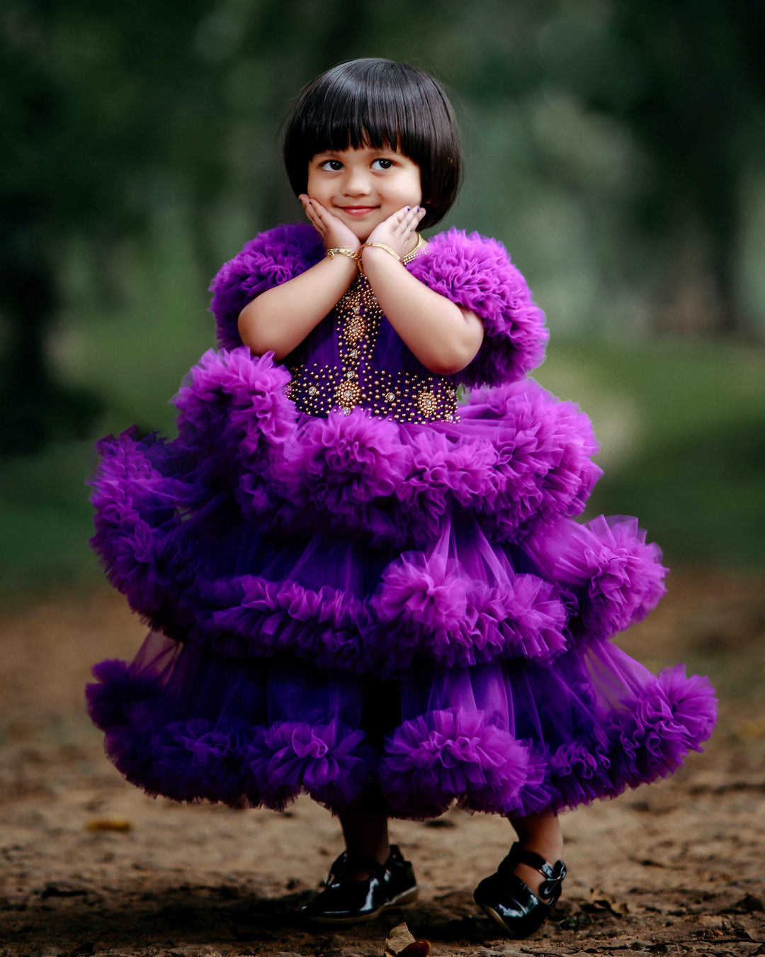 Purple shade Heavy Handwork Partywear step Ruffles Frock