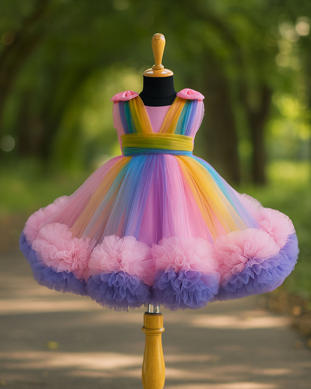 Rainbow theme baby girl birthday dress, multi-colour party frock, heavy ruffles kids birthday outfit