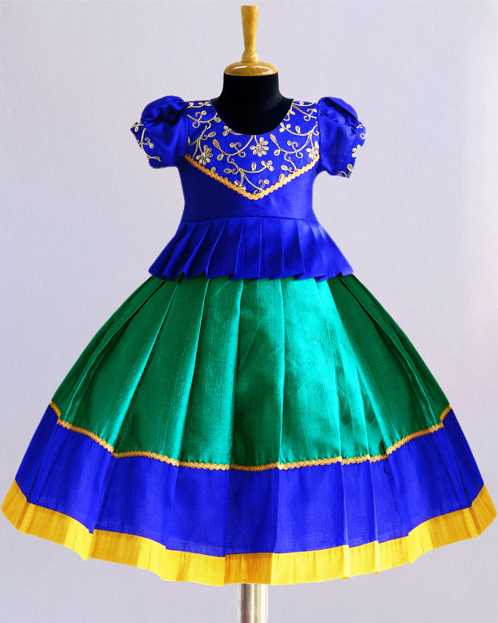 Rama green royal blue South Indian lehenga choli set for baby girls, birthday dress, ethnic wear for kids, sequins embroidery lehenga, Stanwells Kids collection